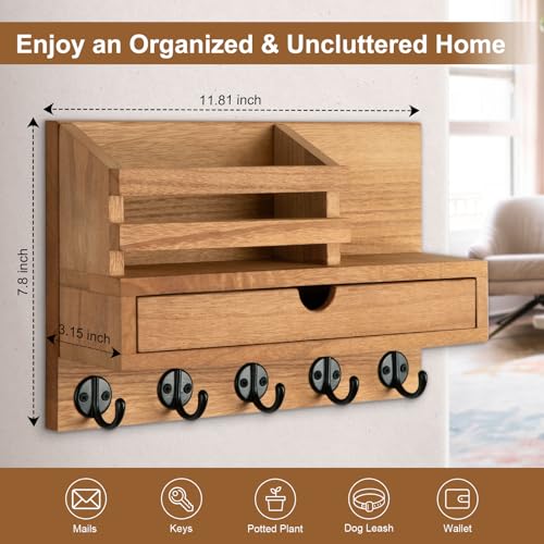Key Holder Wall Mount, Mail Holder with Storage Drawer and 5 Key Hooks for Coat, Dog Leash, Home Decor Rack, House Accessories, Entry Way Organizer (Wood) - color: Wood, size: Standard - 11.8 Inch