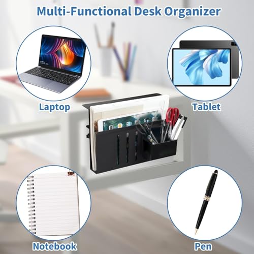Desk Side Storage, Desk Laptop Holder with Magnetic Pen Holder, No Drill Desk Side Organizer for Office and Home Fits Flat Edge 0.3" to 2.3" - color: Black