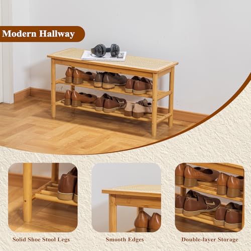 Bamboo Entryway Bench with Woven Rattan Seat, 2-Tier Shoe Storage Bench for Hallway & Entryway 31.5 inches Nature - color: Nature, size: 31.5 inch