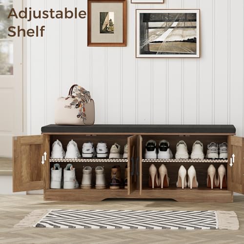 HOMSHO 2-Tier Storage Bench, 47.2" Wide Shoe Bench with Padded Seat Cushion, Entryway Bench with 4 Barn Doors and Adjustable Shelf, Rustic Walnut - color: Rustic Walnut, size: 47.2" Wide