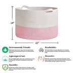 R RUNKA Extra Large Cotton Rope Basket 22" x 14"| Toy Basket - color: White & Pink