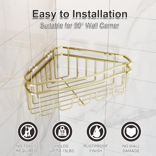 Gold corner shower caddies with depth caddy and Built in 12 hooks rustproof wall mounted No drilling No marring adhesive bathtub corner organizer for bathroom kitchen and laudry room - color: GOLD