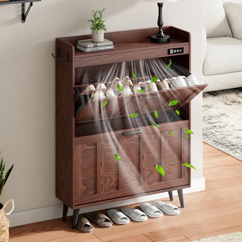 ChooChoo Shoe Storage Cabinet with 2 Flip Drawers, Deodorizing Shoe Organizer Storage for Entryway, Freestanding Hidden Slim Narrow Shoe Rack Cabinet, Walnut - color: Walnut, size: 2-Drawers