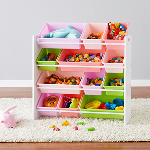 Amazon Basics Kids Toy Storage Organizer with 12 Plastic Bins, White Wood with Pink Bins, for Bedroom and Playroom, 33.85"D x 12.79"W x 35.42"H - color: White Wood With Pink Bins