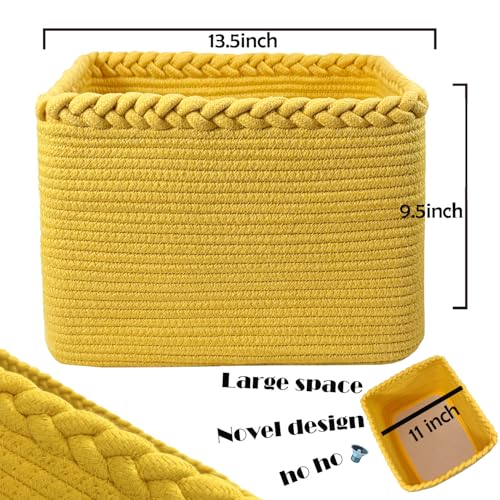 COMFY-HOMI Square Woven Cotton Rope Basket for Organizing, Gift Baskets for Handles, Empty Gift Baskets, Toy Basket for bins|13.5" x 11" x 9.5" home decor for Living Room, Bathroom - color: Yellow, size: 13.5"X11"X9.5"