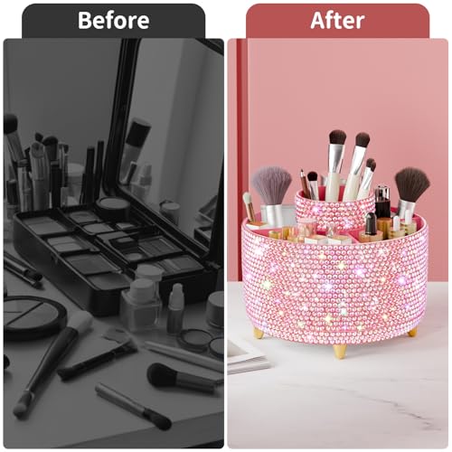 fanado Bling 360° Rotate Makeup Brush Holder Organizer, Makeup Organizers Countertop, Makeup organization and Skincare Storage for Vanity, Gift for Women Girls (Bling dz-Pink) - color: Bling dz-Pink