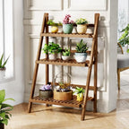 39.4" Bamboo Ladder Shelf Plant Shelf, 3 Tier Foldable Ladder Flower Pot Display Shelf Rack, 23.6"W x 15"D x 39.4"H, Freestanding Bookshelf for Garden, Balcony, Yard, Patio, Lawn, Living Room, Walnut - color: 3-tier Walnut