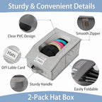 2 Pcs Stackable Baseball Cap Organizer, Washable Foldable Oxford Cloth, Smooth Durable Metal Zipper Hat Storage Holder for Closet, Holds 24 Caps with Large Clear Window, Hat Box for Home Storage - size: Large:15.8X8.7X6.7in