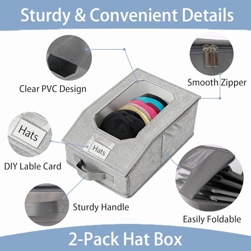 2 Pcs Stackable Baseball Cap Organizer, Washable Foldable Oxford Cloth, Smooth Durable Metal Zipper Hat Storage Holder for Closet, Holds 24 Caps with Large Clear Window, Hat Box for Home Storage - size: Large:15.8X8.7X6.7in