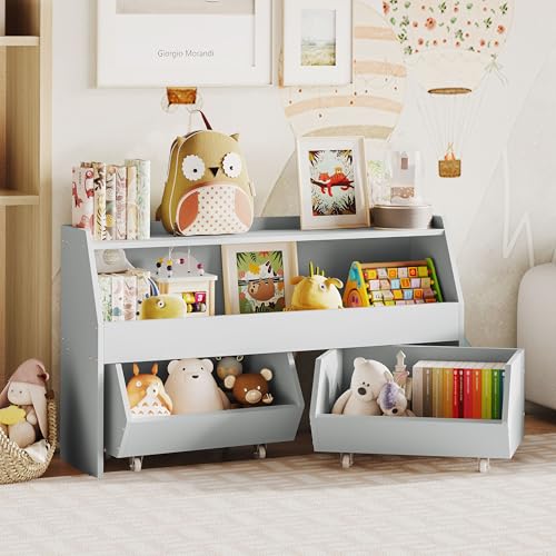 Fulhope Toy Storage Organizer for Kids, Toy Storage Cabinet with Drawers, Boys and Girls Toy Shelf with Wheels, Toy Organizer Kids Bookshelf with Storage for Nursery, Playroom, Bedroom (Light Grey) - color: Light Grey