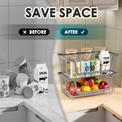 GAOKASE 4 Pcs Stackable Wire Baskets for Pantry Organizers and Storage,Vegetable Fruit Basket for Countertop,Kitchen Storage Metal Baskets,Produce Potato Onion Storage Bin,Gray - color: 1-Gray