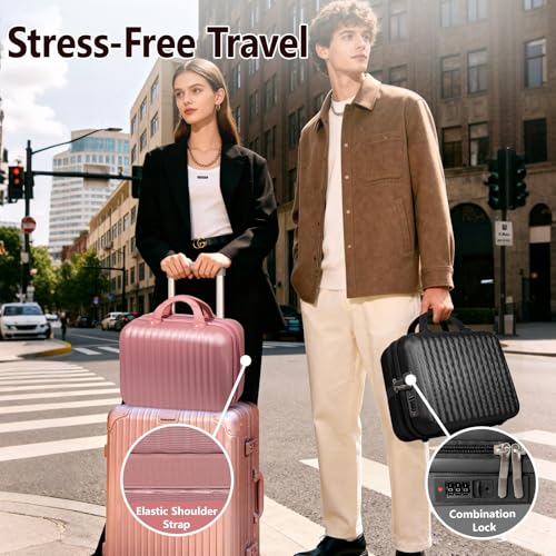 14 Inch Makeup Train Case with Lock Hard Shell Cosmetic Travel Case w Elastic Strap, ABS Portable Toiletry Bag for Toiletries Make up Storage Case Gift for Women Adult - color: Rosegold, size: 14 Inch
