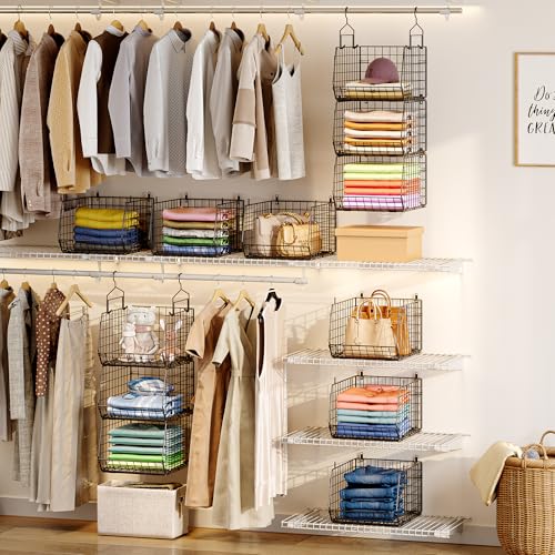 4" Extra Deeper Hanging Closet Organizers and Storage,4 Tier Foldable Wire Cabinet Shelves with 5 S Hooks,Small Metal Basket Bins for Clothes Sweaters Handbags, Wardrobe for Kitchen Laundry Room，Black - color: Black, size: 4-Tier