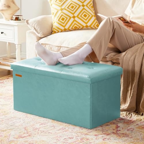 HAUSFRAU - Storage Ottoman Bench, 30 Inches Button Tufted Upholstered Ottoman Footstool with Storage for Living Room Bedroom Entryway, Load 660 lb, Synthetic Leather, Light Blue - color: Light Blue, size: 15"D x 30"W x 15"H
