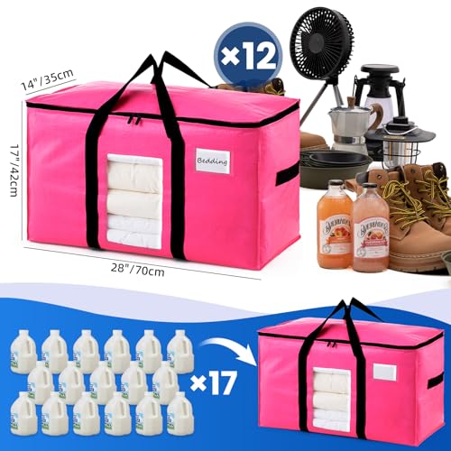 TAILI 12 Pack Pink Extra Large Moving Bags, Heavy Duty Totes with Visible Window, Wrap Around Handles, Space-Saving Storage Solution, Alternative to Moving Boxes - color: Pink, size: 12 Large