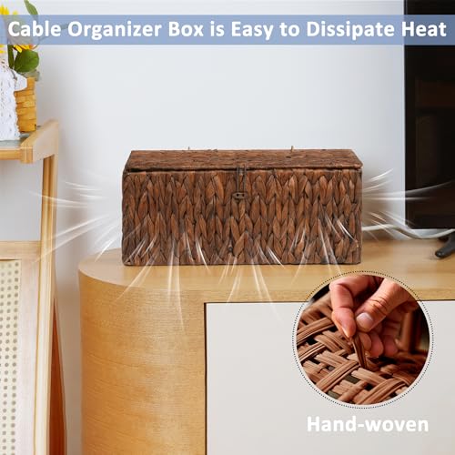 efluky 2 Pack Hand-Woven Cable Management Boxes, Water Hyacinth Cord Organizer Box with Lid, 2 Open Slots Cable Organizer Basket to Hide Power Strip and Charger for Home & Office and Dorm,Brown - color: Brown