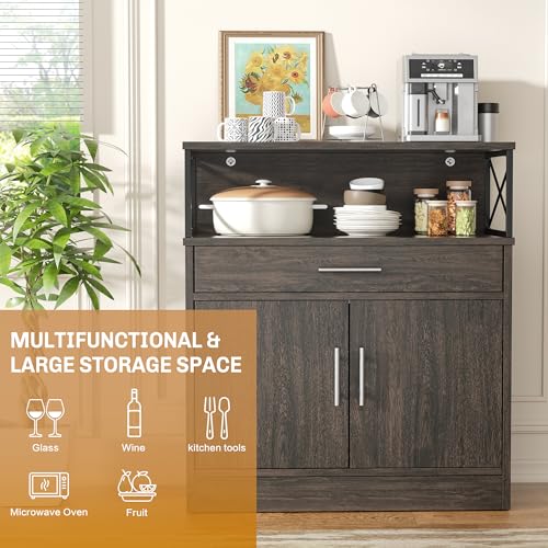 Shintenchi Kitchen Storage Cabinet with Adjustable Shelves and Drawers, Modern Buffet Sideboard, Wood Buffet Cabinet with Doors, Floor Cabinet Cupboard for Coffee Bar Living Room, Dark Brown - color: Dark Brown, size: 37.6"H