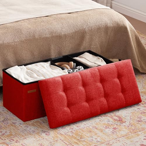 HAUSFRAU 31.5 Inches Ottoman with Storage Bench, Folding Ottoman Bench Small Foot Rest Stool, Bedroom Bench with Flipping Lid, Linen Red - color: Red, size: 13"D x 31.5"W x 13"H