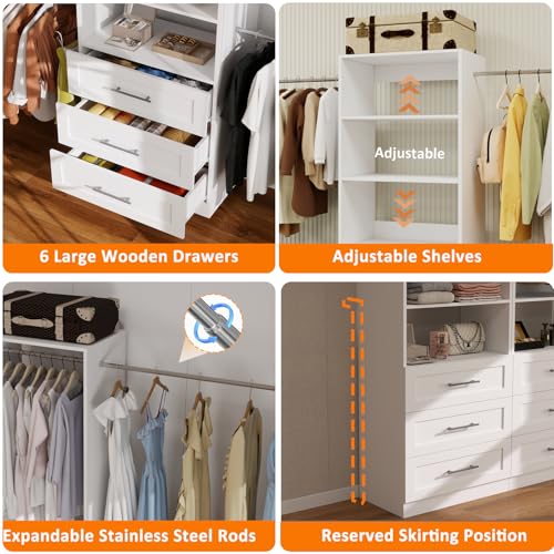Closet System with 3 Drawers, 4FT Wood Closet Organizer System with 4 Hanging Rods&Adjustable Shevles, 81"Tall Modular Walk In Closet System, Standalone Closet System System, 2 Set,White