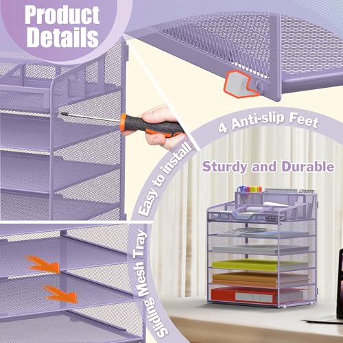 Docnest 6 Tier Mesh Desk Organizer for Paper Office Supplies – Multi-Functional Letter Tray with 5 Adjustable Compartments, 5 Pen Holders, Desktop Storage for Files, Mail, Stationery – Purple - color: Purple, size: 12.7" x 9.1" x 15.5"