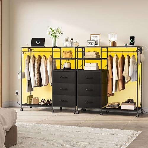 WLIVE Black Dresser with Hanging Rack for Bedroom, 3 Drawer Dresser with LED Lights & Charging Station, Fabric Dressers & Chest of Drawers, Storage Organizer with Open Shelves for Living Room - color: Black