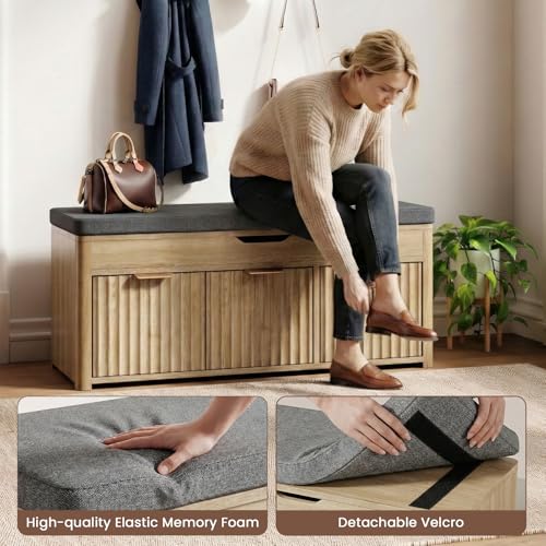 Shoe Bench with Storage - Lift Top Entryway Bench with Hidden Storage, Shoe Rack with Adjustable Shelves and Cushioned Seat, Wooden End of Bed Bench for Bedroom, Living Room and Hallway,Nature
