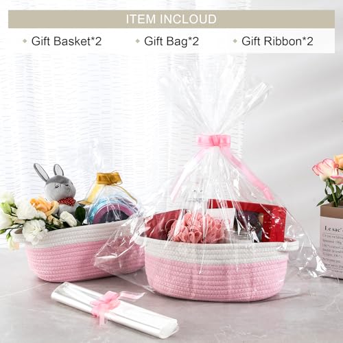 2 Pack Small Woven Basket with Gift Bags and Ribbons, Empty Decorative Gift Chest Box, Cute Baby Gift Basket for Nursery, Cotton Rope Room Shelf Storage Basket with Handles, All 12"x 8"x 5", Pink - color: Pink