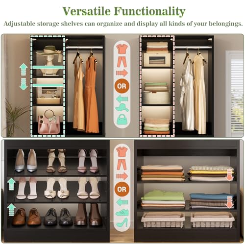 Besiost Closet System, 4.2–8.8 FT Closet Organizer with 2 Wooden Drawers and Shelves, Walk-in Closet System with 5 Hang Rods, Built-in Reach in Closet Tower, Can Fit 60 to 96 inch, Black - color: Black