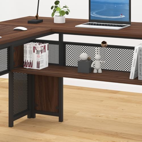 HSH Large L Shaped Executive Desk with Drawers, Home Office Metal Wood Computer Desk for Work Writing Study Gaming, Rustic L-Shaped Walnut Desk Table with File Drawer, Storage Cabinet Shelves, 59 in - color: Walnut