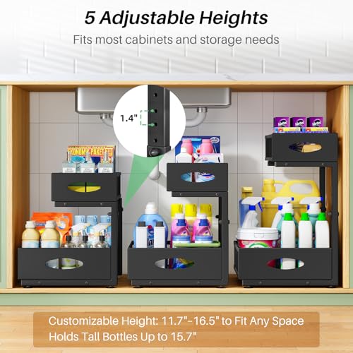 Under Sink Organizer, 2-Pack Pull Out Cabinet Organizer 2 Tier Metal Slide Out Storage Shelf Rack, L-Shaped Adjustable Height,Mesh Sliding Drawer for Kitchen, Bathroom, Laundry, Pantry, Black, XL - color: Black, size: 2-Pack (XL)