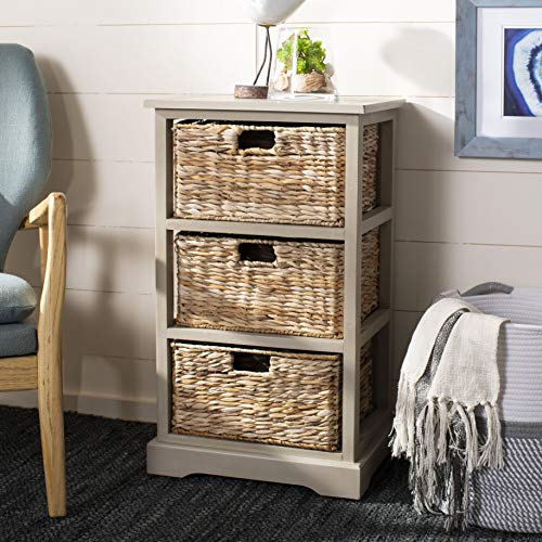 SAFAVIEH Home Collection – Halle Vintage Grey Storage Side Table with Wicker Baskets, Farmhouse Accent Storage, Fully Assembled (AMH5738D) - color: Vintage Grey