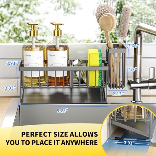 Cisily Sink Caddy Organzier with High Brush Holder, Sponge Holder for Sink, 304 Rustproof Stainless, Kitchen Countertop Soap Dispenser Organizer, Dark Gray Kitchen Decor and Accessories - color: Dark Grey, size: 9.25″