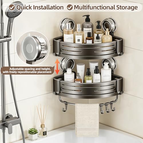 Corner Shower Caddy,Suction Cup Shower Bathroom Wall Shelf,No Drill Rust Proof Aluminum Organizer with Hooks,Floating Rack for Inside (Suction Cup Corner Shower Caddy,2 Tier,Gray) - style: Suction Cup Corner Shower Caddy ,2 Tier ,Gray