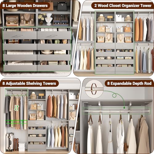 Aheaplus Closet System with Drawers Set of 2, Wood Closet Organizer System with 8 Hanging Rods & Top Shelves, Walk-in Closets Organizer Wardrobe Clothes Rack System, Cut Fits Spaces 4-9FT. Wide, Grey1 - color: Grey