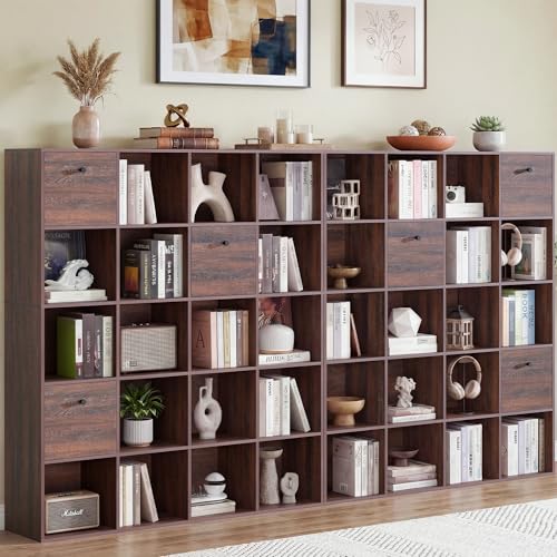 Walnut Cube Storage Bookcase 2-Pack, Rustic Brown 20 Cube Storage Organizer, Wooden Bookshelf with 3 Fabric Bins, Freestanding Bookcase Set for Bedroom Living Room, Large Home Organizer Shelf - color: Walnut, size: 20 Cube (2PC)