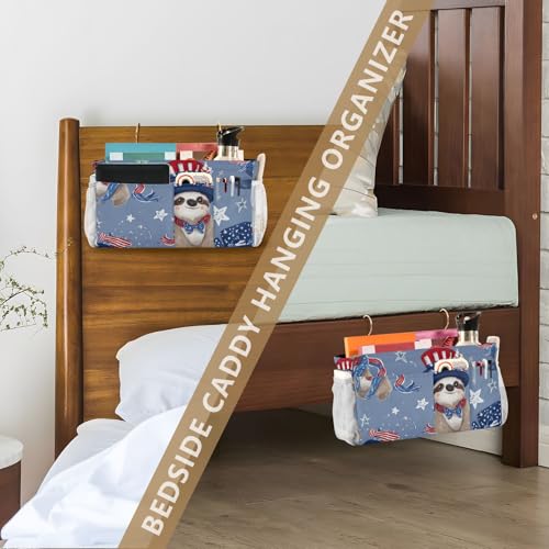 Bedside Caddy Metal Frame Hanging Organizer Bunk Bed Dorm Accessories Hook And Loop Storage Bag Large Pockets American Spirit 4th July Sloths Blue - color: American Spirit 4th July Sloths Blue