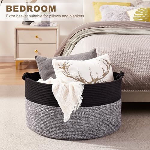 OIASKET Large Blanket Storage Basket for Living Room, 22.8" x 22.8" x 13" Woven Cotton Rope Basket with Handles, Baby Toy Storage, Laundry Hamper for Clothes, Pillows, Towels-Black and Grey - color: Black and Grey, size: 90L