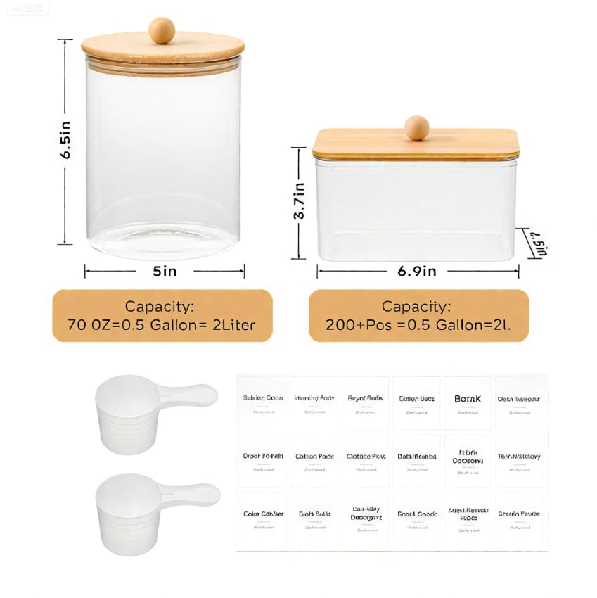 Glass Laundry Pods Container & Acrylic Dryer Sheet Holder with Bamboo Knobs Lids, Scoops & Labels | Premium Laundry Room Organization and Storage for Detergent Pods, Powder, Dryer Balls & Beads - color: Bamboo Cap with handle