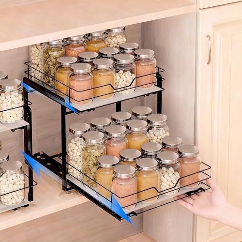 Spice Rack Organizer for Kitchen, Pull Out Spice Racks for Inside Cabinets, 2 Tier Spice Shelf Organization for Cabinet Seasoning, No Drilling Install for Home Kitchen Space Saving, 1 Pack