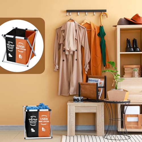 Wonderjune Foldable Disposable Shoe Cover Box Dispenser Fabric Storage Bin Holder with Used Shoe Covers and Welcome Please or Remove Sign for Open House Supplies (Black, Orange) - color: Black, Orange