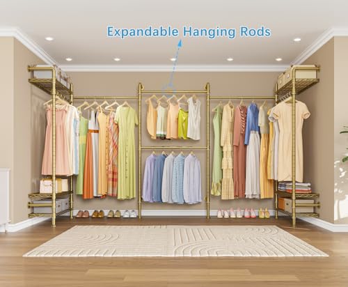 Timate L2 Wall Mounted Clothes Rack Industrial Pipe Clothing Rack for Hanging Clothes, Adjustable Expandable Garment Rack Heavy Duty Closet Organizer, Gold Mounted Closets Industrial Closet System - color: Gold