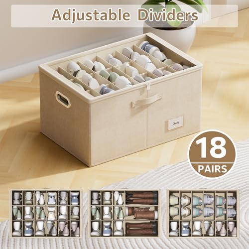 Shoe Organizer for Closet, Shoe Box Storage Containers Fit 18 Pairs Foldable Shoe Storage Bins with Clear Cover & Adjustable Dividers for Shoes Blankets Linen Clothing (Beige, (24.4*16.5*12.9)x1) - color: Beige, size: (24.4*16.5*12.9)x1