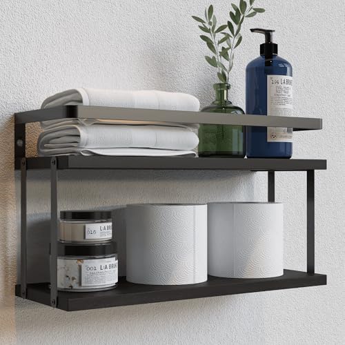 RICHER HOUSE Dual-Level Guardrail Floating Shelves, Rustic Wood Bathroom Shelf Wall Mounted, Over Toilet Paper Storage Shelves for Wall Decor, Bathroom Organizers - Black - color: Black, size: 2 in 1