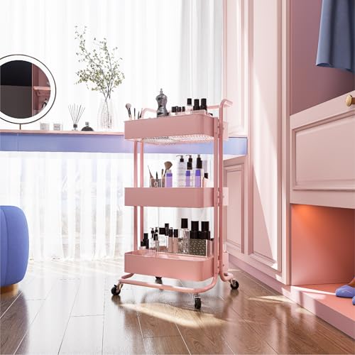 3 Tier Rolling Storage Cart, Metal Rolling Utility Cart with Wheels, Multifunctional Sturdy Organizer for Snack Cart, Craft Art Supplies, Kitchen, Bathroom, Office, Nursery Diaper - color: Pink