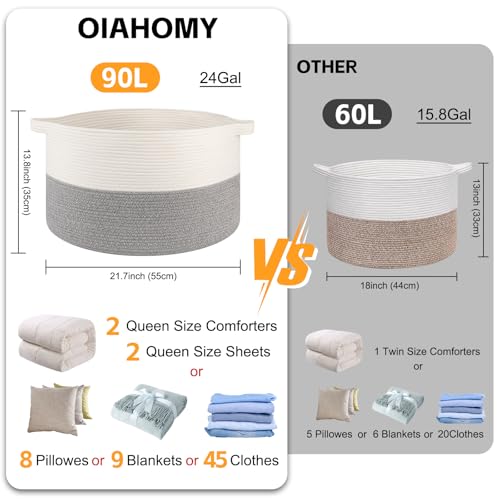 OIAHOMY 90L XXXLarge Blanket Basket for Living Room, 21.7" x 13.8" Woven Cotton Rope Laundry Basket for Organizing Pillows, Decorative Stuffed Animal Toy Storage Bin for Nursery, White and Light Grey - color: White and Light Grey, size: 21.7"D x 13.8"H