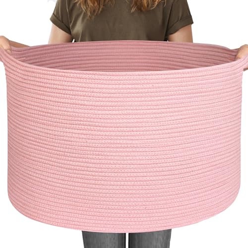 MEGASKET 115L Oversized Pink Basket, 23.6"x15.7" Woven Cotton Rope Bin with Handles, XXXL Blanket Storage for Living Room, Kids Toy Storage Bin Box, Baby Laundry Basket for Organizing, Pink Room Decor - color: Pink, size: 23.6"x23.6"x15.7"
