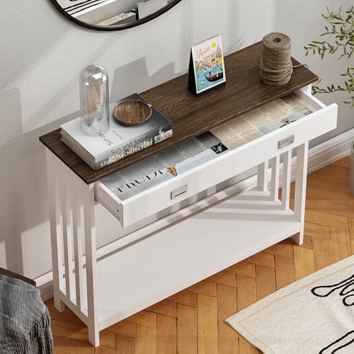 ChooChoo 39" Farmhouse Entryway Table with Drawer, Narrow Console Table with Storage Shelf, Sofa Table for Living Room, Entryway, and Hallway, White and Brown - color: White&brown, size: 11.8"D x 39.4"W x 31.5"H