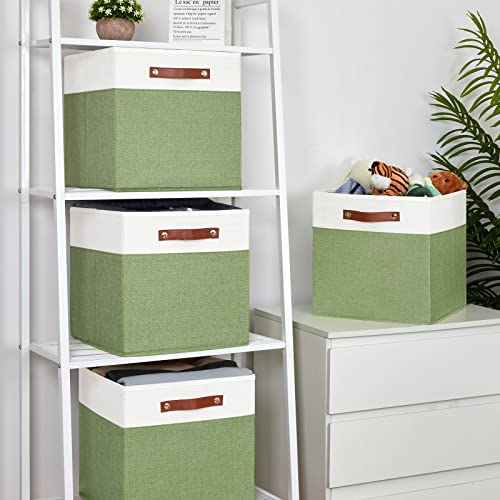 Temary 13 Inch Cube Storage Bin 4 Pack Fabric Storage Cubes Fabric Storage Bin for Shelf, Cube Storage Basket with Leather Handles(White&Green) - color: White&Green, size: 13×13×13