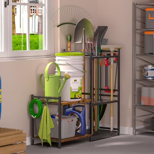 DAOUTIME Garage Tool Organizer with 2-tier Wooden Shelves, Yard Tool Organizer for Garage with 6 Hooks, Heavy duty Steel Garden Tool Rack Holds up to 35 Long Handled Yard tools for Storage, Black - size: 5 Tier