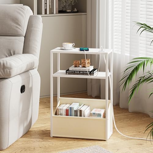 TUTOTAK Narrow Side Table, Small End Table with Charging Station, Nightstand with Fabric Basket, Bedside Table for Small Space, Livingroom, Bedroom White TB01BW095 - color: White